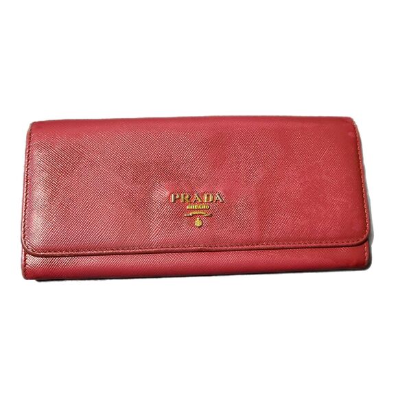 Prada (Authentic) Rose Pink Leather & Gold Accent Fold-Over Long Wallet, VTG - Picture 1 of 12